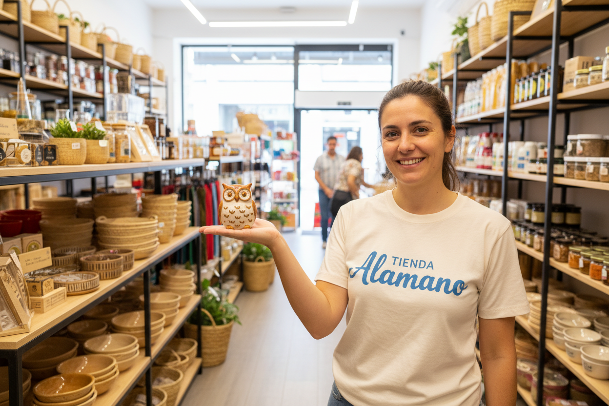 Perona en una tienda de variedad de objetos, con un objeto en la mano y sonriendo y que en su camisa diga Tienda Alamano, tiene que ser una mujer